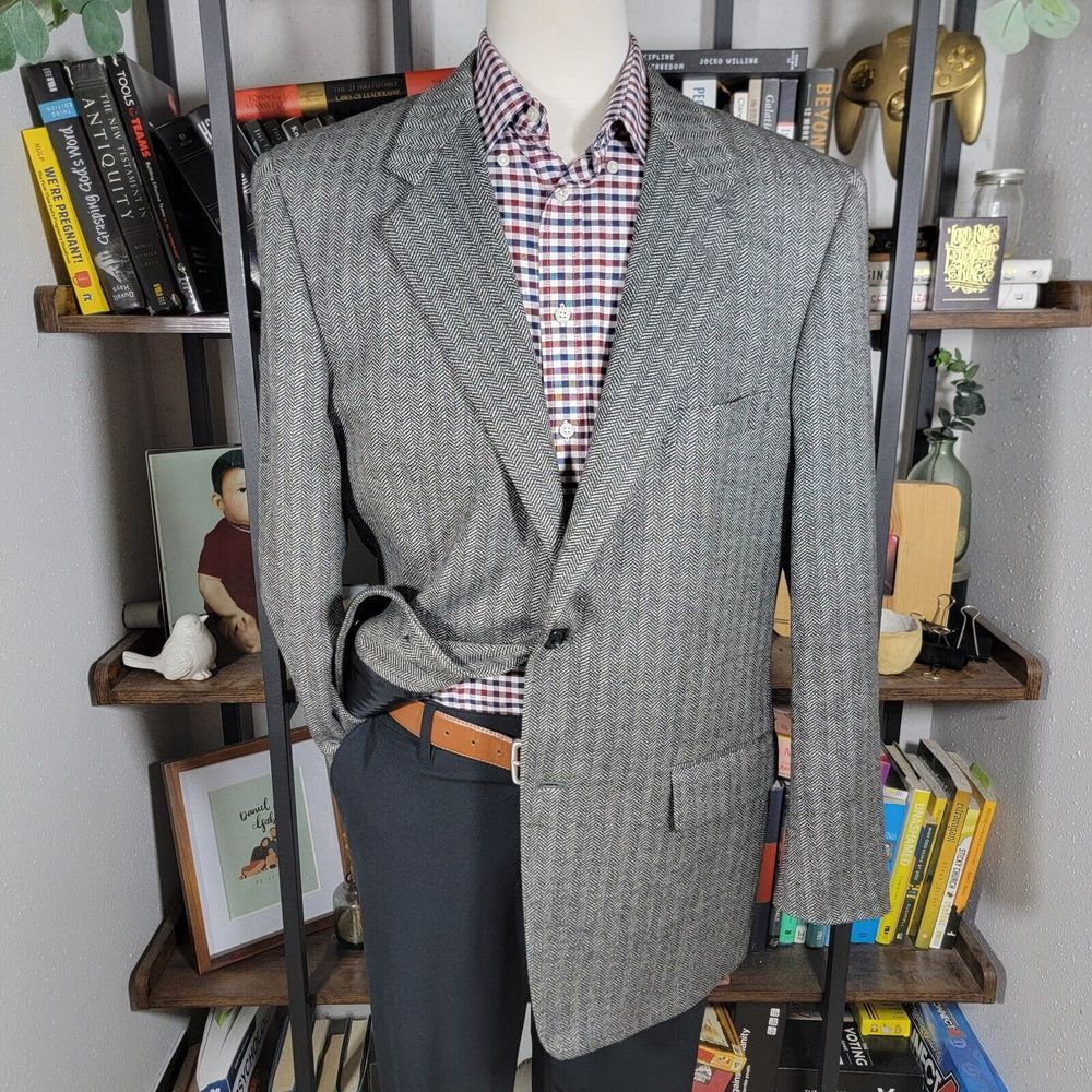 Club Room Men's Sport Coat Blazer‎ Two Button Gray Herringbone Wool Cashmere 44R